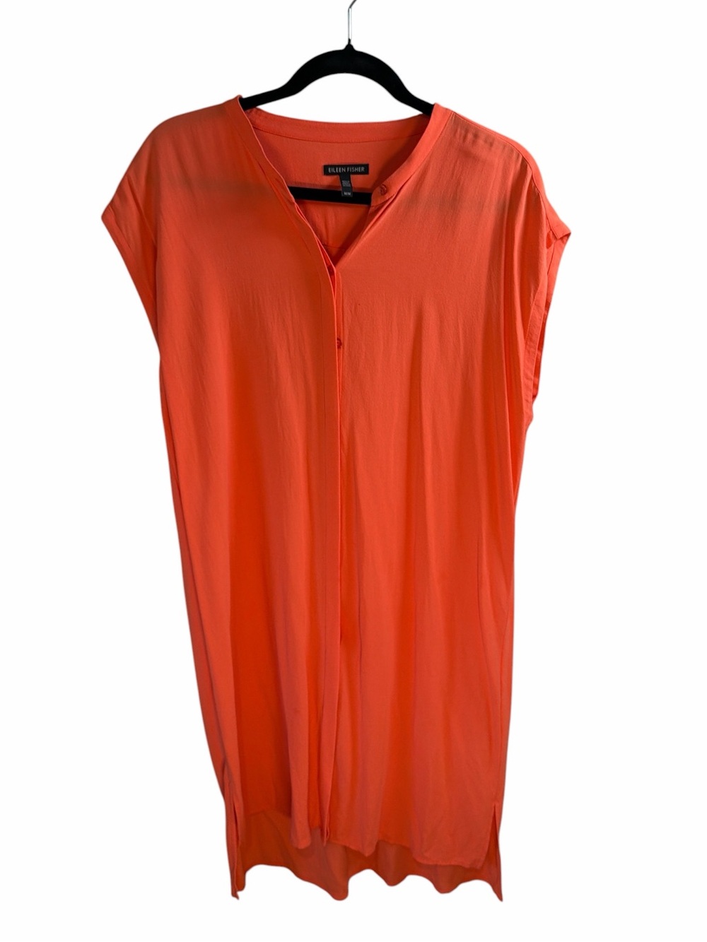 Eileen Fisher Coral-Orange Cap‎ Sleeve V-Neck Tunic Dress 100% Silk Size Medium